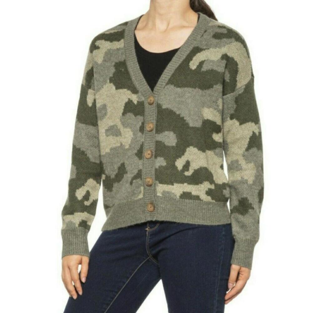 Lucky Brand Wool Blend Green Camouflage Button Cardigan Sweater - Size - Small